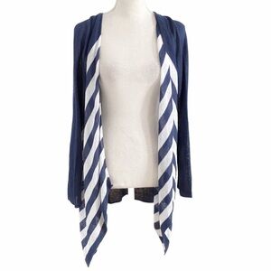 J JILL LINEN BLEND WHITE NAVY STRIPED NAUTICAL COASTAL CARDIGAN - M